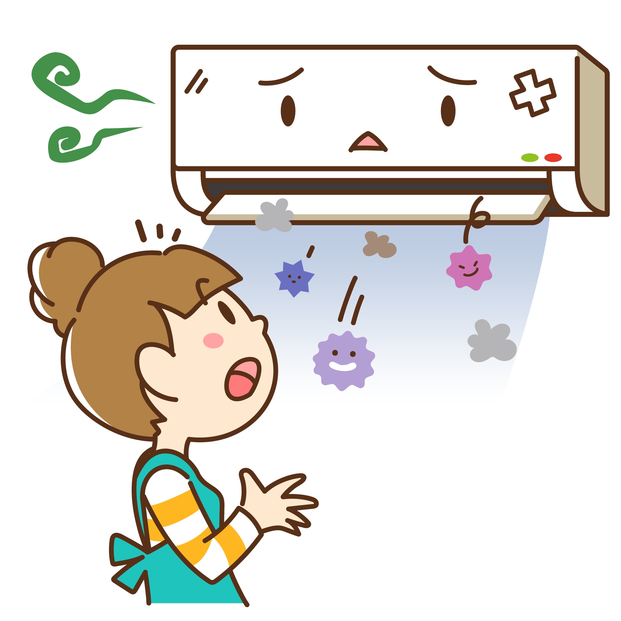 カビが発生したエアコンと女性